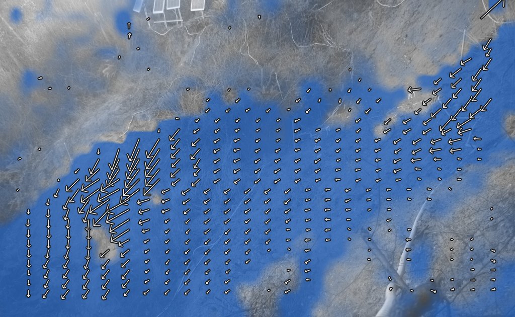 An active coastal bluff at Mukilteo, Washington, on 9 December 2015, overlaid with the motion TellTale measured that day: the landslide body is tinted blue, with arrows pointing downslope
